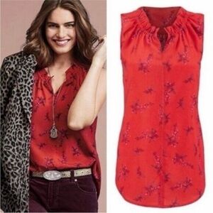 Cabo Women's Red Printed Ruffled Sleeveless Blouse